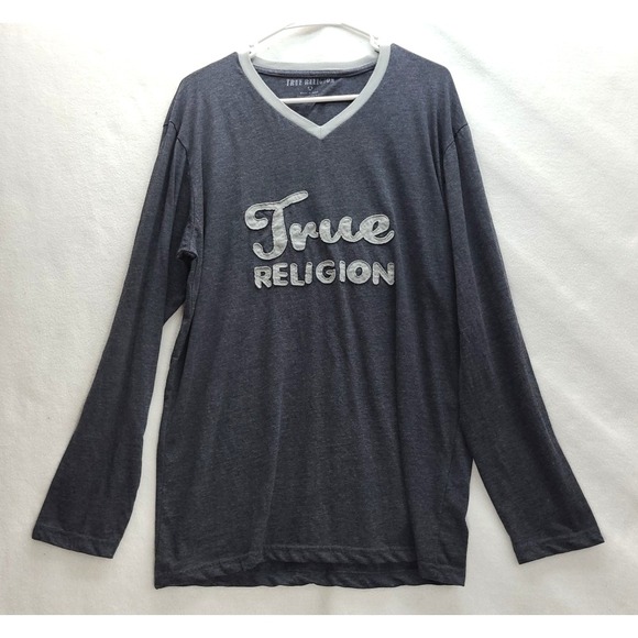 Mens True Religion 2X Long Sleeve T-Shirt Spellout V-Neck - Picture 1 of 9